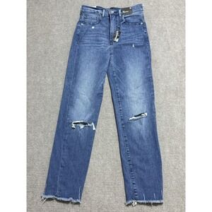 Express Jeans Womens 2R Blue Slim Super High Rise Distressed Ripped Denim Frayed